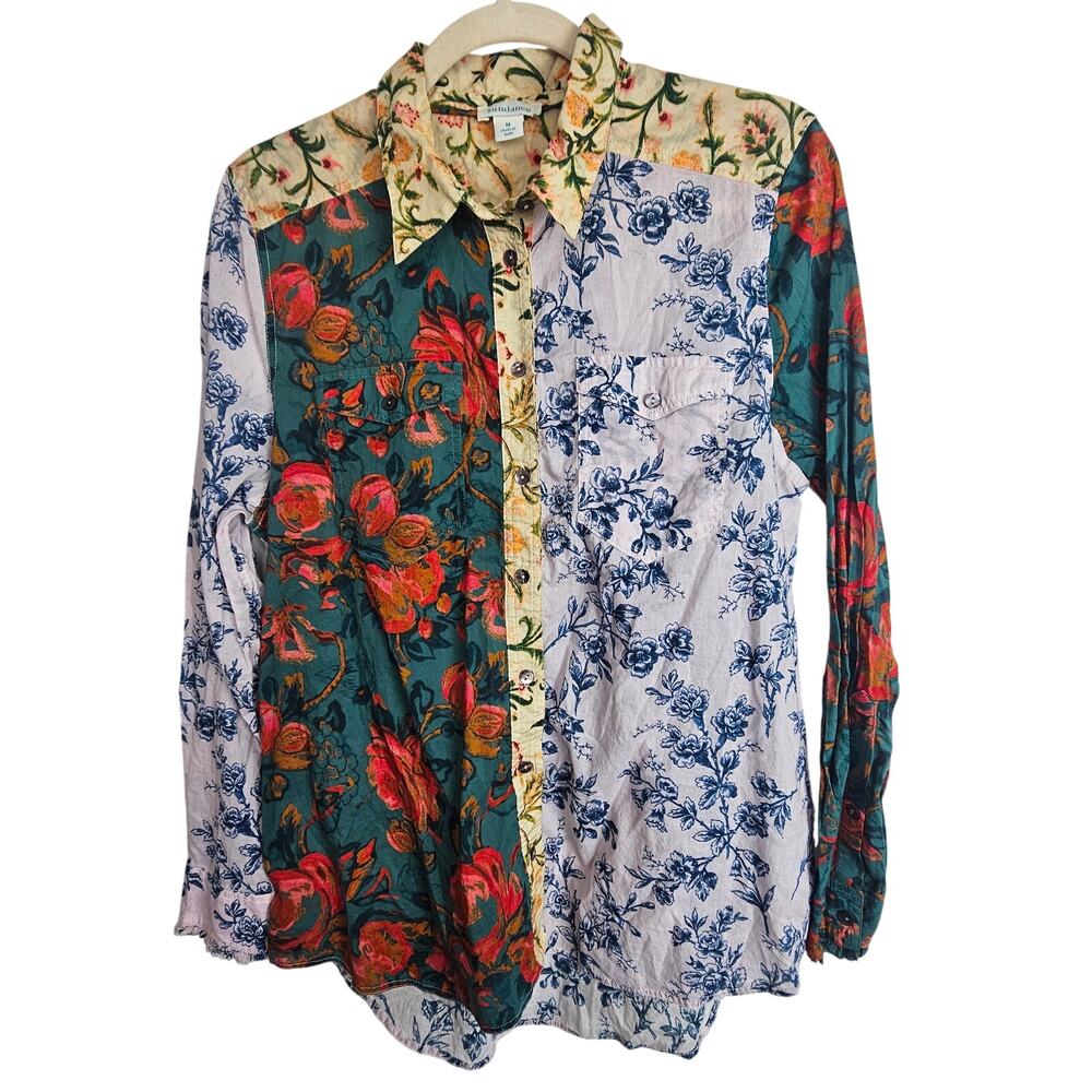 Sundance Womens Floral Patchwork Button Blouse M Boho Cottagecore Artsy Cotton